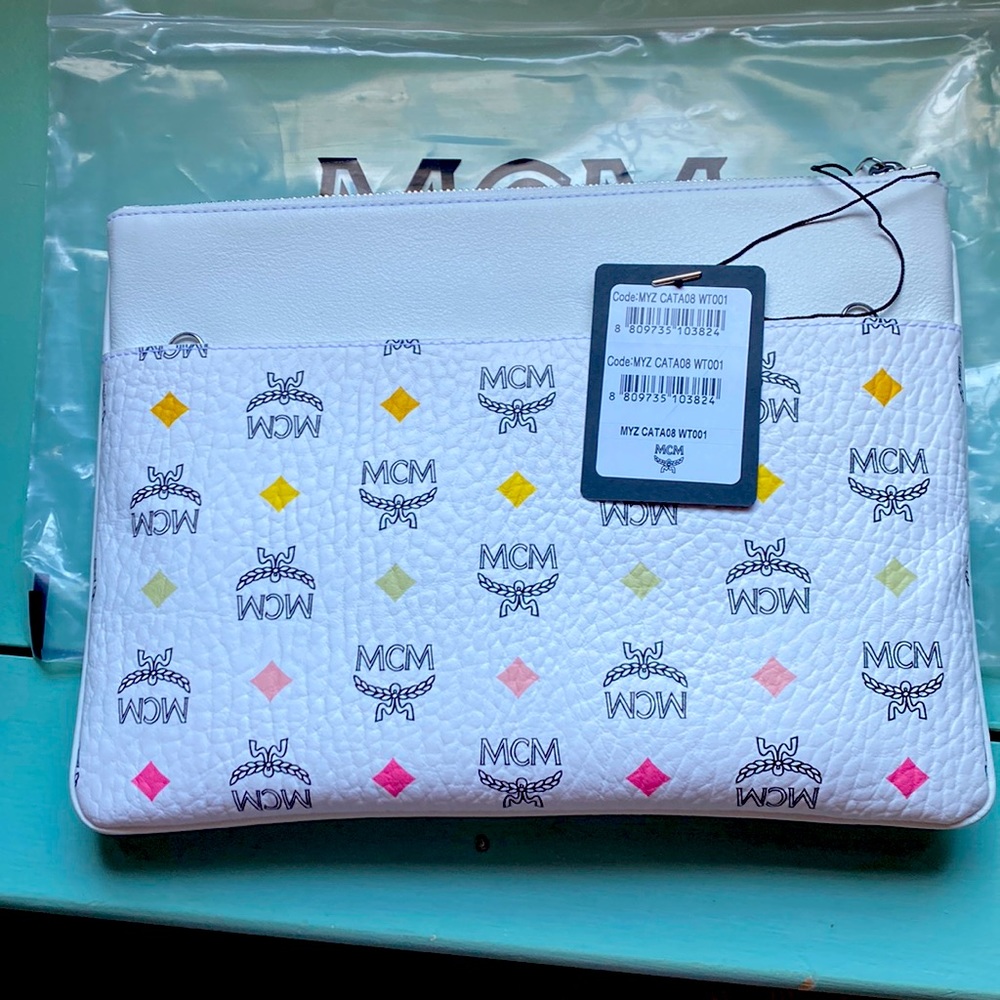 MCM Visetos Original Authentic White Crossbody Bag Pouch NEW